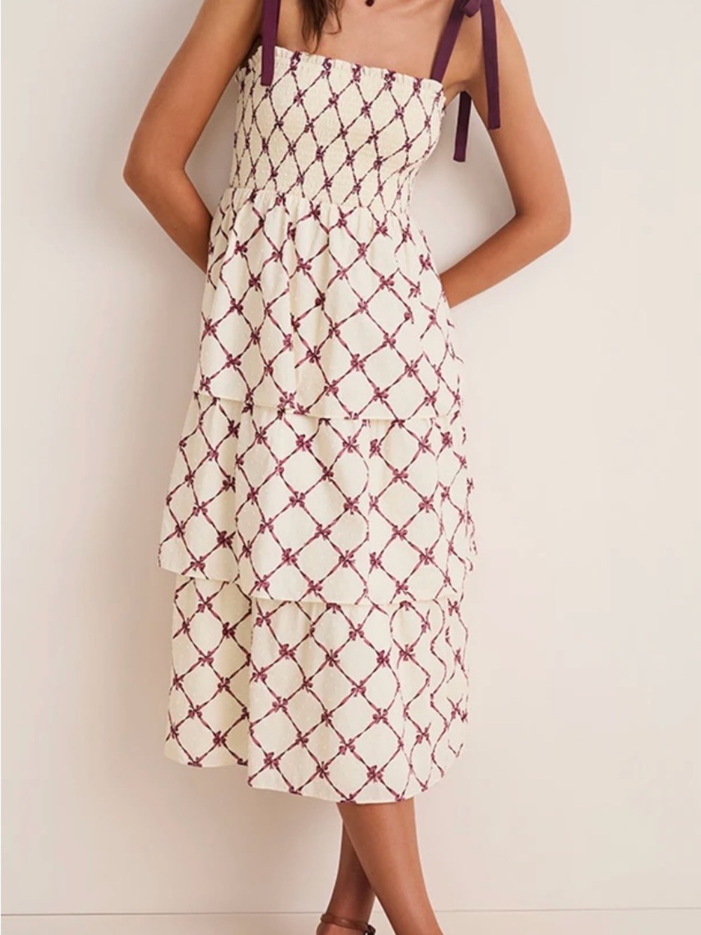 Tiered Cream Midi Dress with Maroon Tie Straps